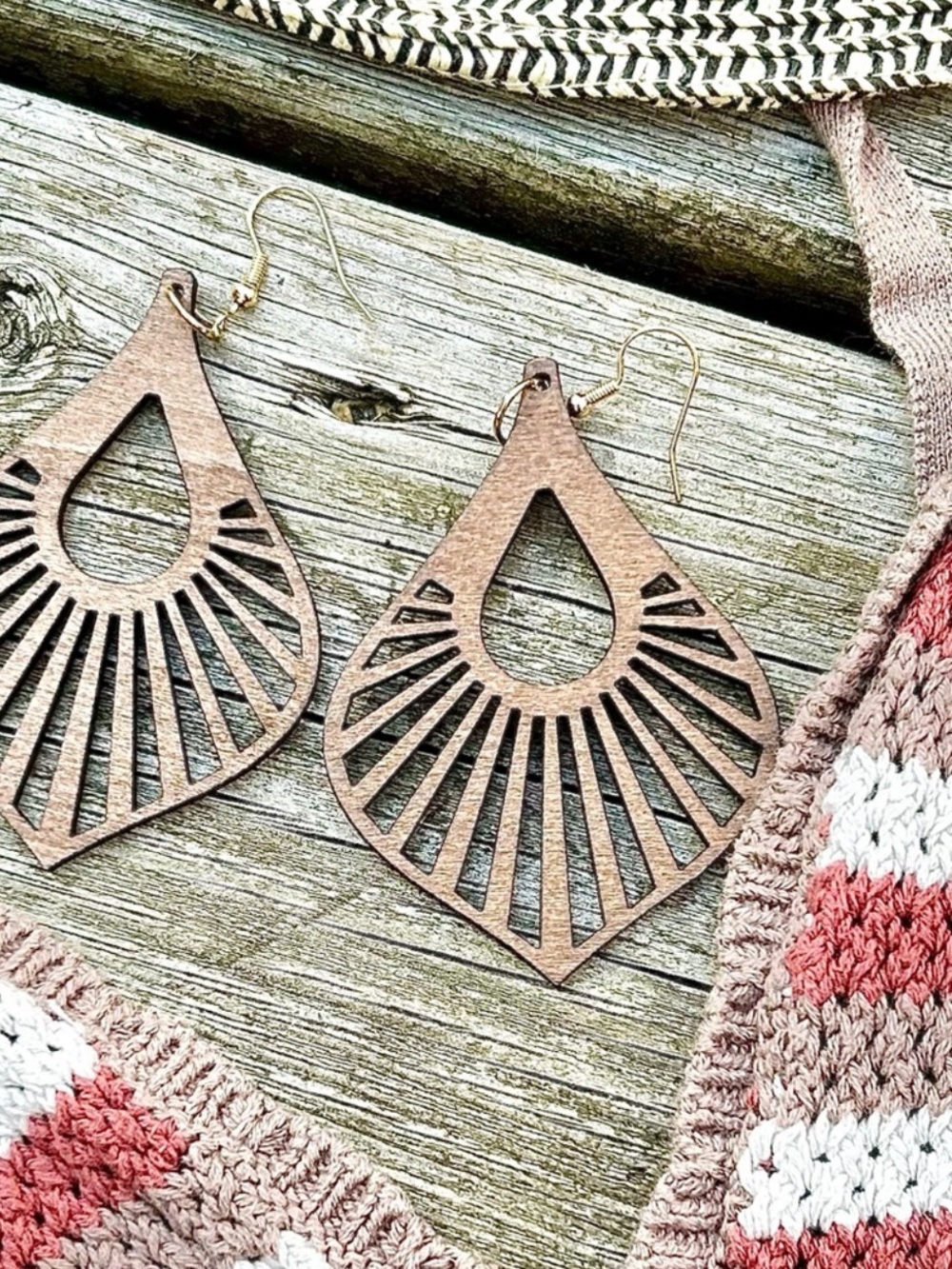 Intricate laser wood cut boho earrings w hippy earth goddess resort vacay vibe